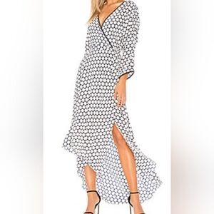 New. Asymetric Polka Dot Black/ Ivory Wrap 100% Silk Maxi Dress.